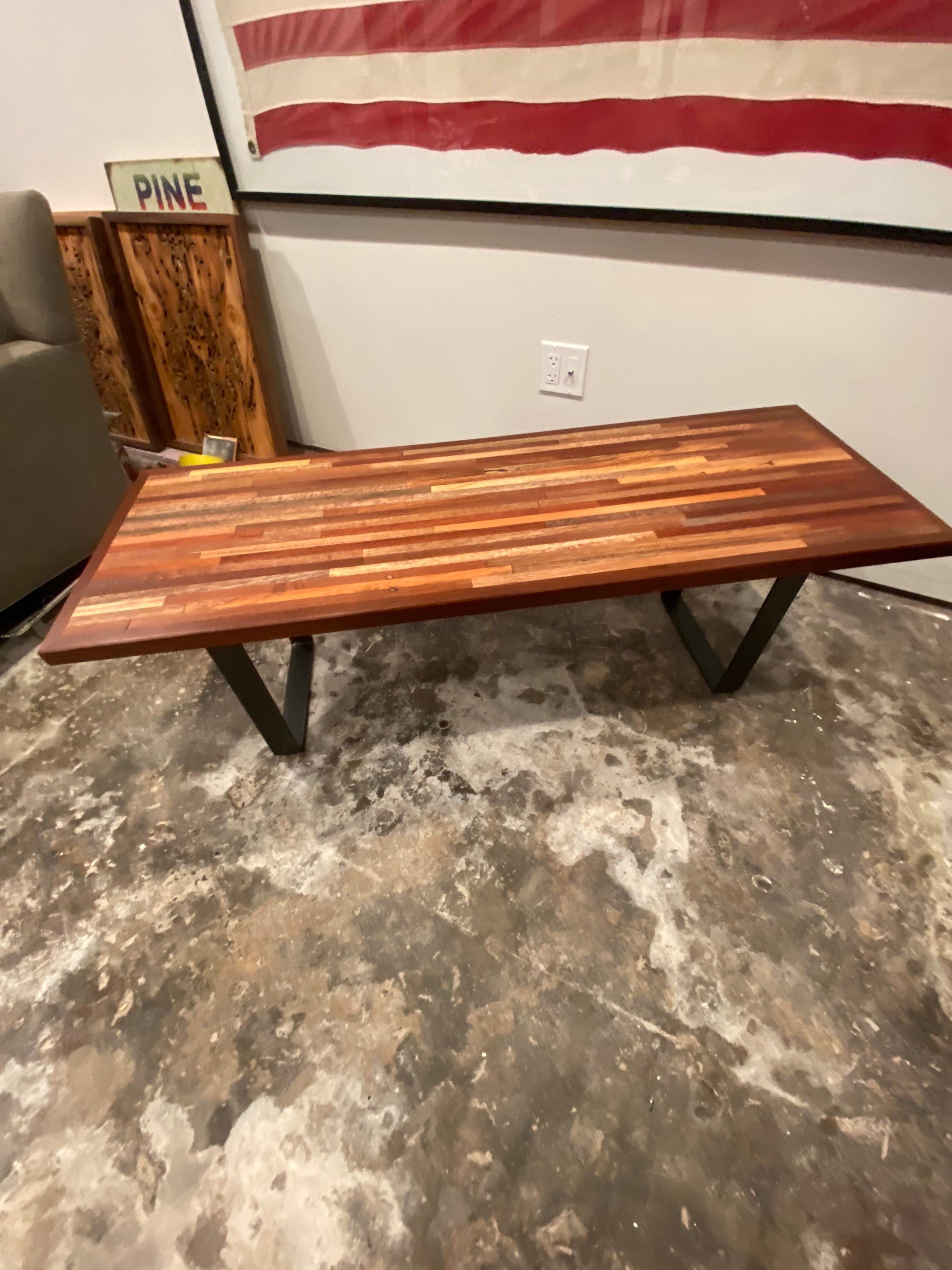 Reclaimed Narrow Wood Coffee Table with Mahogany Border // Flat Bar