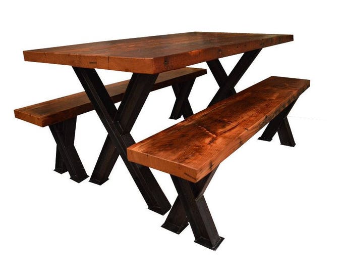 Reclaimed Doug Fir Kitchen Table & Benches // X Style I Beam Legs
