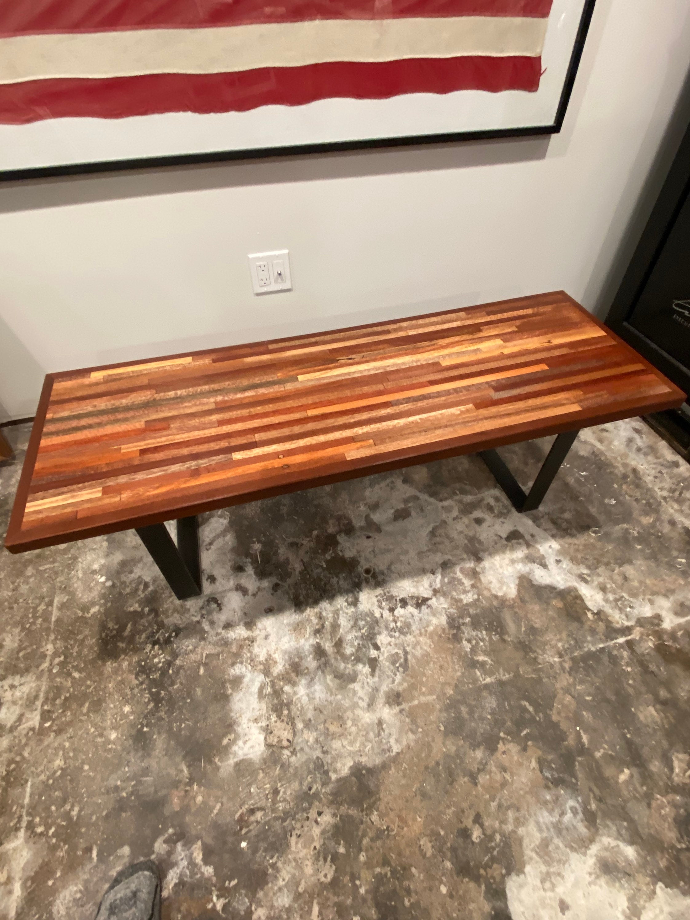 Reclaimed Narrow Wood Coffee Table with Mahogany Border // Flat Bar