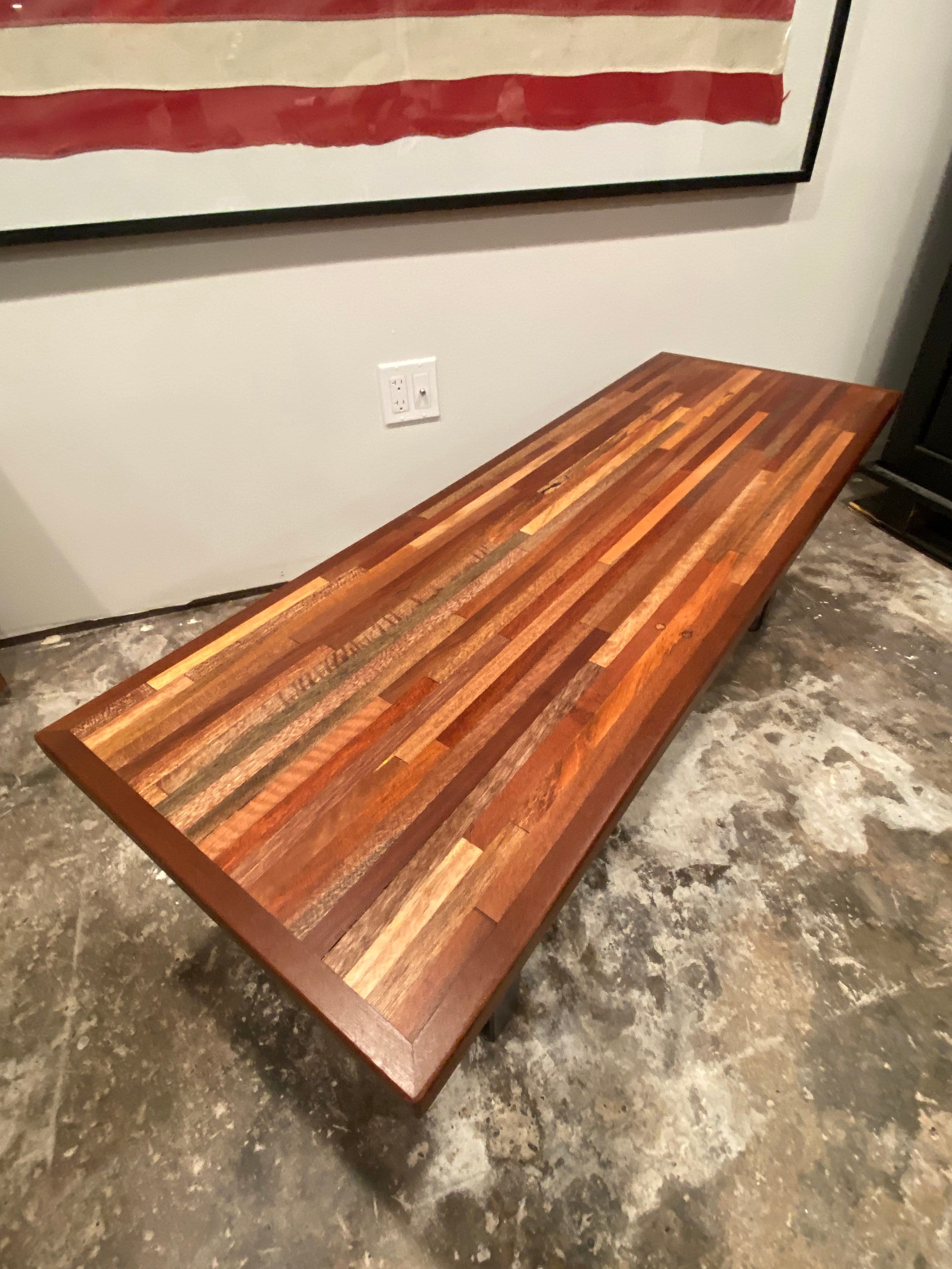 Reclaimed Narrow Wood Coffee Table with Mahogany Border // Flat Bar