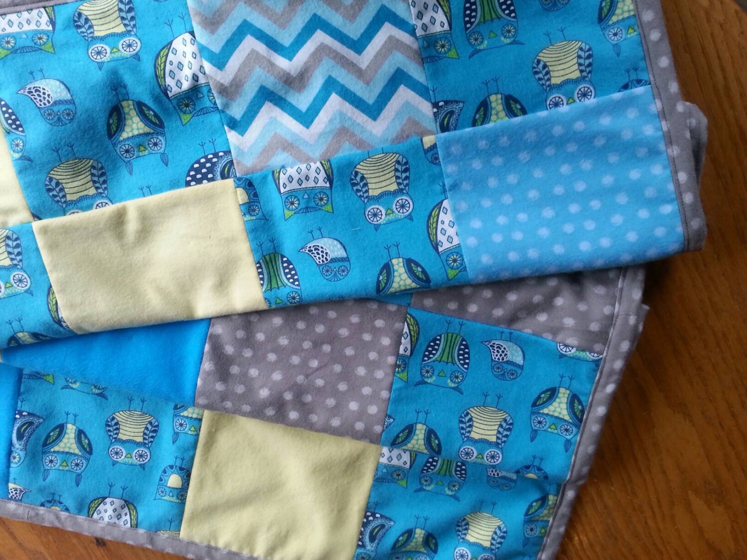Owl Flannel & Fleece Baby/Toddler Blanket/Play Mat in Teal Yellow and Grey