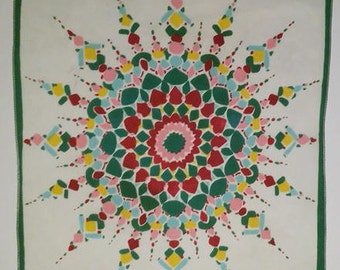 Colorful Mid Century Novelty Hankie Cotton Ornament Handkerchief