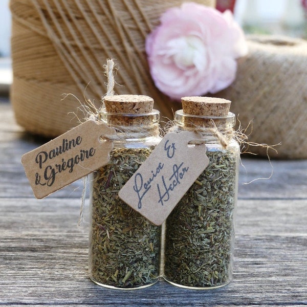 Personalized wedding guest gift baptism glass vial herbes de Provence - 8cm x 3cm - cork stopper - personalized kraft label