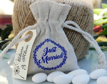 Personalized linen pouch country wedding WITH dragees – inscription Just Married