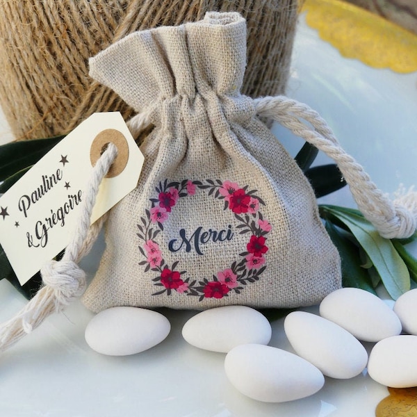 Pochon Dragées Baptême Mariage AVEC Dragées-Sachet dragées lin personnalisé-dragées mariage bapteme champetre-pochon mariage bapteme