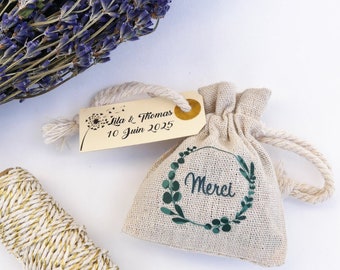 Sachet lavande personnalisé cadeau invité mariage champêtre inscription Merci eucalyptus