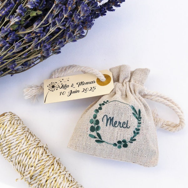 Sachet lavande personnalisé cadeau invité mariage champêtre inscription Merci eucalyptus