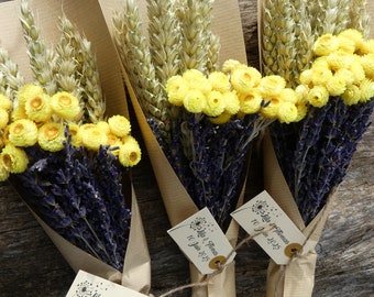 Bouquet Fleurs séchées Lavande, Blé et Immortelles personnalisé - Cadeau Invité Mariage Baptême