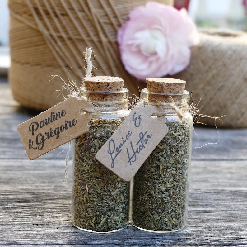 Fiole en verre personnalisée herbes de Provence pour mariage baptême
