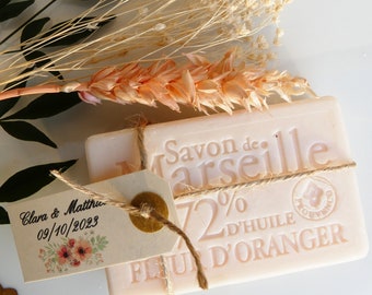 Savon personnalisé Baptême Mariage savon de Marseille parfum Fleur d'Oranger 100 gr