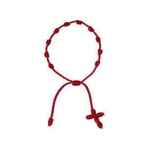 May include: A red knotted rope bracelet with a small cross charm. The bracelet has a circular design with multiple knots.