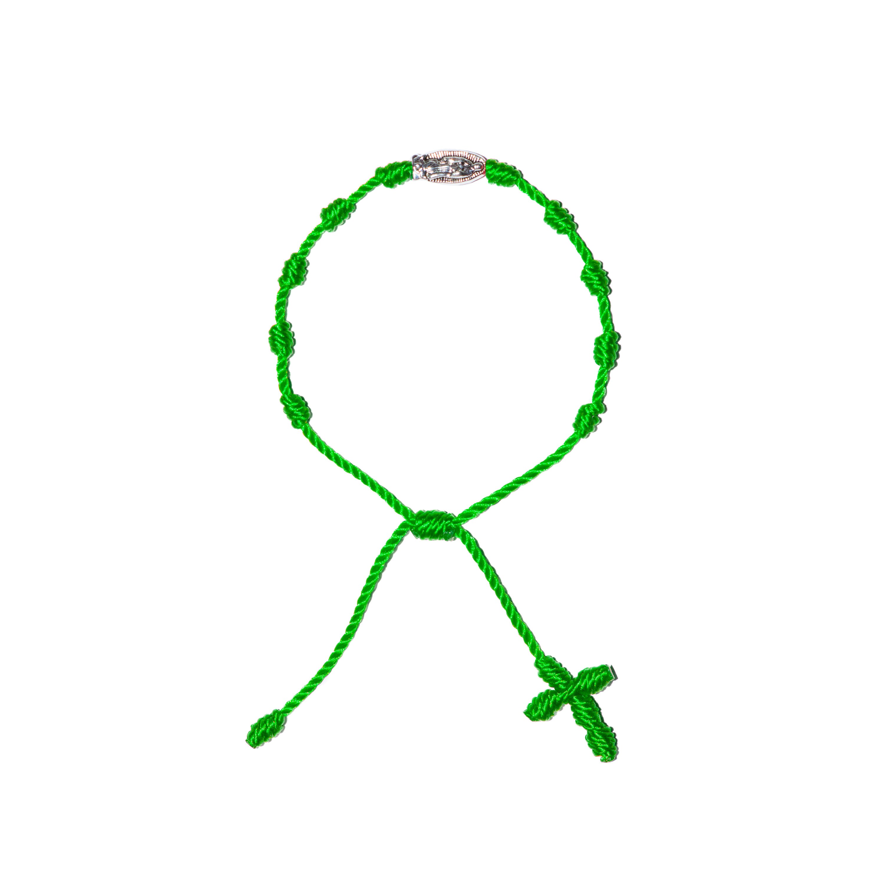 Neon Green Twine Rosary w/ Our Lady Of Guadalupe Silver Bead • Protection, Prayer Rope, Friendship, Gifts, Knotted Bracelet, Decenario