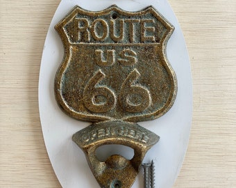 Enjoy Your Beverages with Our Vintage-Inspired Route 66 Wall Mounted Bottle Opener