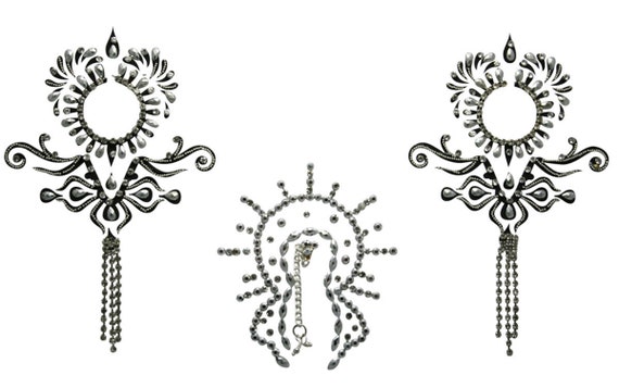 Nipple jewelry Non piercing Nipple Jewel Nude Breast Floats Rhinestone Pasties Jewels Intimate in Black-SILVER-Chain