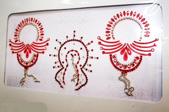 RED Whiskers Burlesque Pasties Costume Lingerie Vajazzle - Intimate Classic Crystal Vajazzle Nipple & Breast Stick on Pasties (BOX-P-4)
