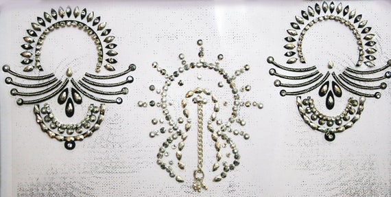 Silver Black Whiskers Burlesque Pasties Costume Lingerie Vajazzle - Intimate Crystal Vajazzle Nipple Stick on Jewel Pasties (BOX-P-4)