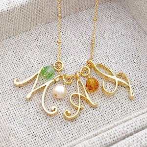 Large Cursive Initial Necklace: Swarovski Birthstone, Beaded Chain