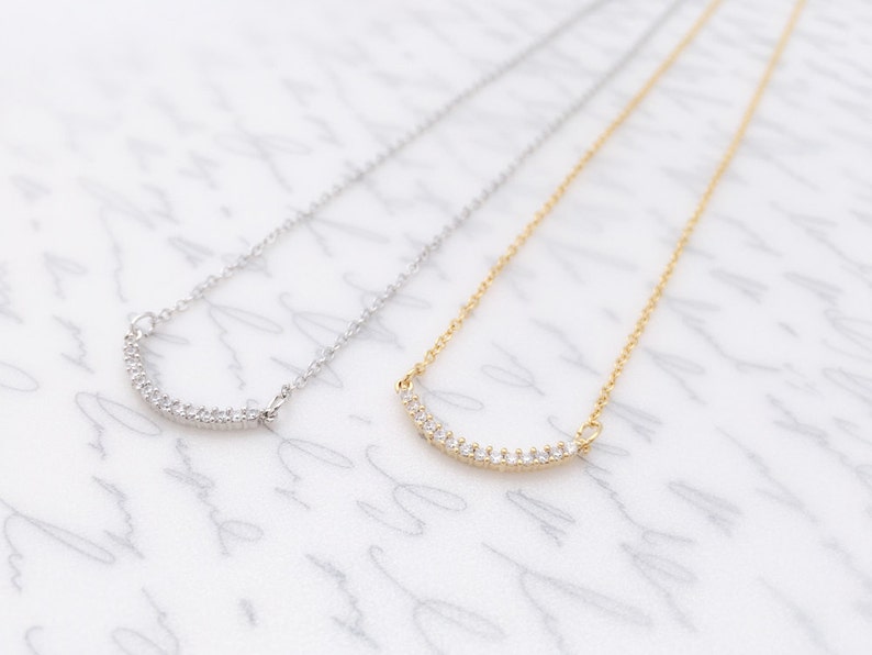 Cubic Necklace \u2022 Stylish Sparkling Zirconia Curved Bar Necklace \u2022 Handmade \u2022 Dainty Necklace \u2022 Bridesmaid Love Gift Birthday Graduation