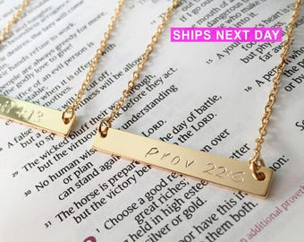 Personalized Gold Bar Necklace, Engraved Bible Verse, Religious Gift