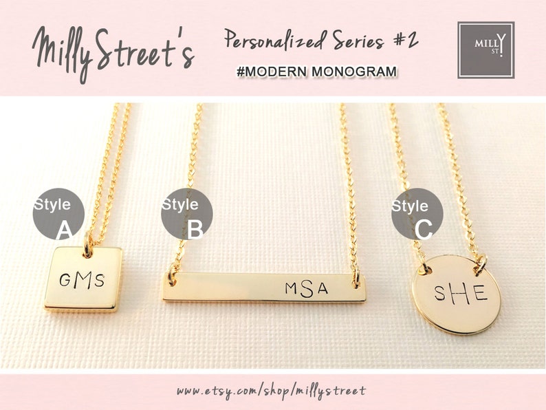 May include: Three gold necklaces with different pendant styles. The first necklace has a square pendant with the initials "GMS" engraved on it. The second necklace has a rectangular bar pendant with the initials "MSA" engraved on it. The third necklace has a round pendant with the initials "SHE" engraved on it.