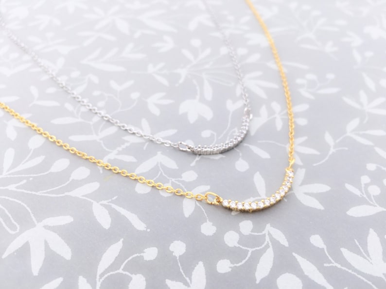 Cubic Necklace \u2022 Stylish Sparkling Zirconia Curved Bar Necklace \u2022 Handmade \u2022 Dainty Necklace \u2022 Bridesmaid Love Gift Birthday Graduation