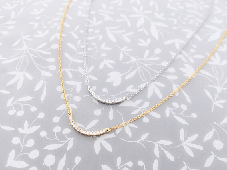 Cubic Necklace \u2022 Stylish Sparkling Zirconia Curved Bar Necklace \u2022 Handmade \u2022 Dainty Necklace \u2022 Bridesmaid Love Gift Birthday Graduation