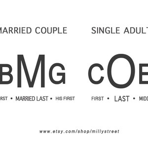 May include: A diagram showing how to arrange initials for a married couple and a single adult. The initials for a married couple are arranged as "BMG" where "B" is the wife's first name, "M" is the shared last name, and "G" is the husband's first name. The initials for a single adult are arranged as "COE" where "C" is the first name, "O" is the last name, and "E" is the middle name.
