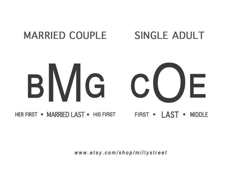 May include: A diagram showing how to arrange initials for a married couple and a single adult. The initials for a married couple are arranged as "BMG" where "B" is the wife's first name, "M" is the shared last name, and "G" is the husband's first name. The initials for a single adult are arranged as "COE" where "C" is the first name, "O" is the last name, and "E" is the middle name.