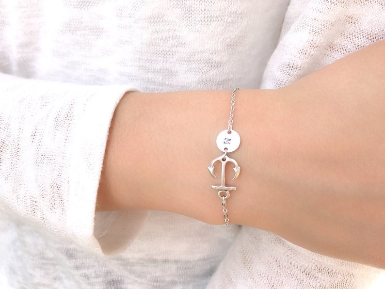 Anchor Bracelet HAND Stamped Initial Nautical Jewelry Personalized Adjustable Gift for Valentine's Day, Beach Wedding, Bridesmaid image 4