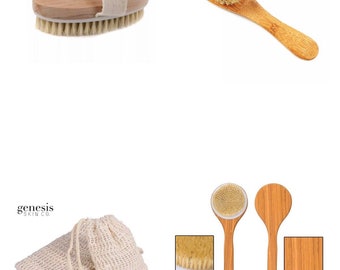 USA Made Bamboo Bath Bundle (1 • Bamboo Back Brush, 6 • Sisal Exfoliating Soap Pouches, 1 • Bamboo Facial Brush, 1 • Natural Dry Brush)
