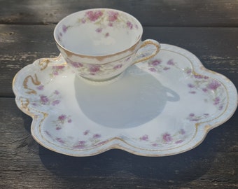 Haviland Limoges Snack Set Tasse et assiette, Fleurs roses et or, c.1900