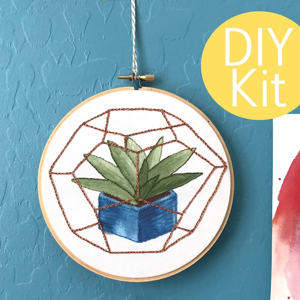 embroidery kit for beginners - agave terrarium - gift under 40 for plant lovers, this starter hoop set includes easy stitch instructions