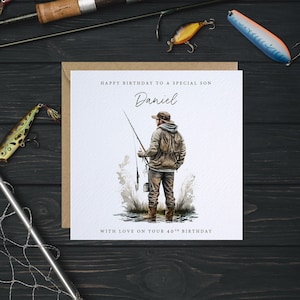 May include: A birthday card featuring a watercolour illustration of a person fishing. The card reads "Happy Birthday to a special son Daniel with love on your 40th birthday."