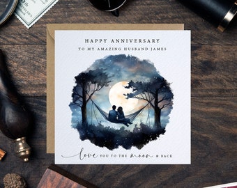 Stargazing Anniversary Card - Love You To The Moon And Back - Stargazing Couple Card - Night Sky Card - You Are My Moon and Stars Card
