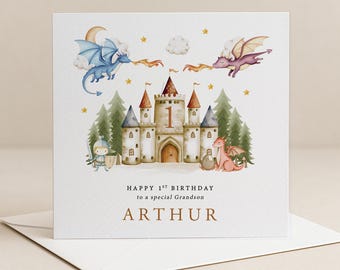 Tarjeta de cumpleaños personalizada con diseño de dragón – Tarjeta infantil con temática de caballero y castillo – Parentesco y edad personalizados