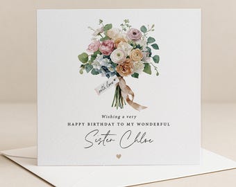 Tarjeta de cumpleaños para hermana - Tarjeta floral personalizada para hermanos - Texto personalizado