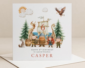 Tarjeta de cumpleaños vikinga infantil – Tarjeta personalizada con temática nórdica - Parentesco y edad personalizados