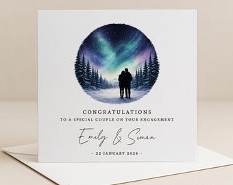 Tarjeta de compromiso con la aurora boreal - Tarjeta de boda con texto personalizado