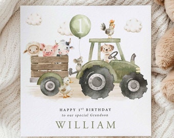 Tractor Birthday Card - First Birthday Card For Grandson - Son - Nephew - Farm Animals Card - 1st Birthday - 2nd Birthday - 3rd Birthday