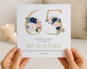 65th Wedding Anniversary Card - Blue Sapphire Anniversary - Mum & Dad - Grandparents - Any Couple