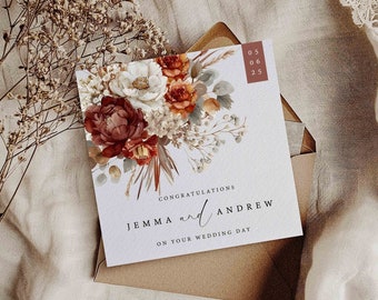 Boho Wedding Card - Personalised Newlyweds Card - Bride & Groom Card - Floral Wedding Day Card - Autumn Floral Wedding - Just Married Card