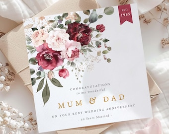 Tarjeta de aniversario de bodas de rubí - 40.° aniversario - Aniversario de mamá y papá - Aniversario de abuela y abuelo - 40 años de casados - Bodas de rubí