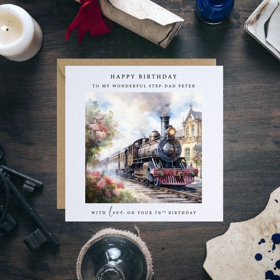 Train Birthday Card - Step Dad Birthday - Dad Birthday Card - Steam Train Card - Card for Him - Train Lover Card - Steam Engine Card