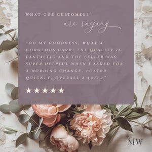 May include: A floral arrangement with pink peonies and green foliage surrounds a rectangular purple background. The text reads "WHAT OUR CUSTOMERS are saying" and a customer review. The review includes a 10/10 rating.