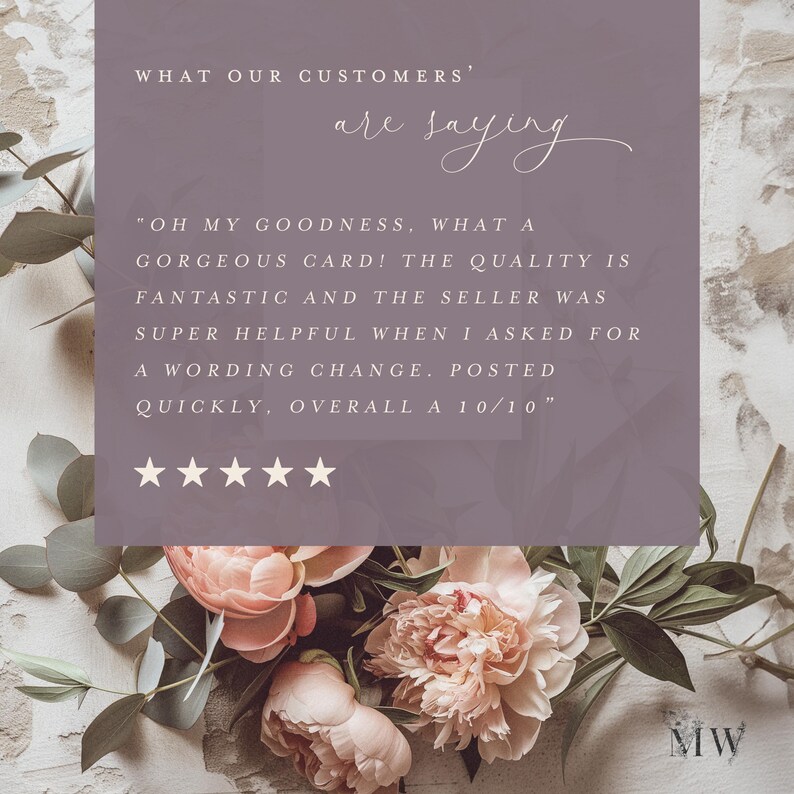 May include: A floral arrangement with pink peonies and green foliage surrounds a rectangular purple background. The text reads "WHAT OUR CUSTOMERS are saying" and a customer review. The review includes a 10/10 rating.