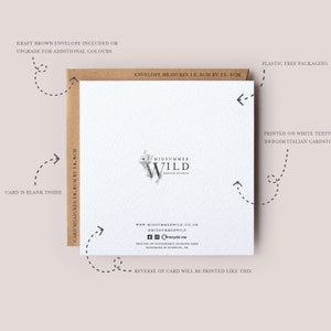 May include: A white card with a floral design and the text "Midsummer Wild Design Studio" printed on it. The card measures 14.8 cm by 14.8 cm and is printed on 300 gsm Italian cardstock. The card is blank inside and comes with a kraft brown envelope.