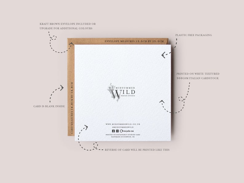 May include: A white card with a floral design and the text "Midsummer Wild Design Studio" printed on it. The card measures 14.8 cm by 14.8 cm and is printed on 300 gsm Italian cardstock. The card is blank inside and comes with a kraft brown envelope.