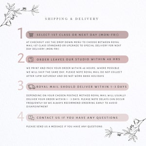 May include: A white background with a pink rectangle containing the text "Shipping & Delivery".  Four numbered steps are listed with icons and text describing the shipping process.  Step 1: Select 1st Class or Next Day (Mon-Fri). Step 2: Order leaves our studio within 48 hrs. Step 3: Royal Mail should deliver within 1-3 days. Step 4: Contact us if you have any questions.