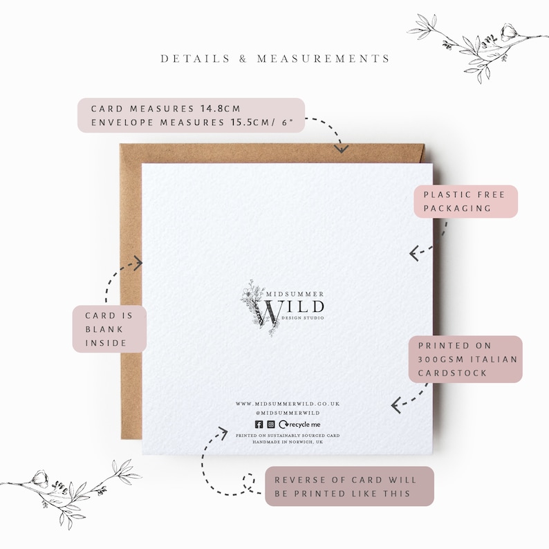 May include: A white card with a floral design and the text "Midsummer Wild Design Studio" printed on it. The card measures 14.8 cm and is printed on 300 gsm Italian cardstock. The card is blank inside and comes with a plastic-free envelope.