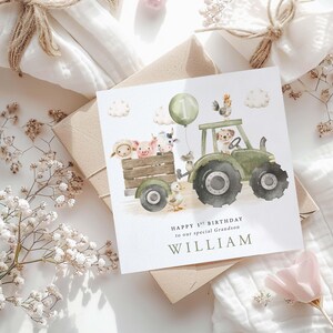 May include: A green tractor with a wooden wagon filled with farm animals. A balloon with the number one is attached to the tractor. The text "Happy 1st Birthday to our special Grandson WILLIAM" is printed below the tractor.